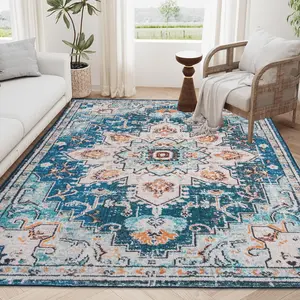 1pc Bohemian Washable Vintage Area Rug 5x7/6x9/8x10, Persian Non-Slip Rug for Bedroom Living Room，Oriental Medallion Non-Shedding Print Floor Carpet for Dining Room, Peacock Green/Marigold Yellow