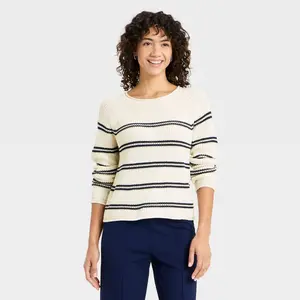 Women's Knit Pullover Sweater - A New Day Cream/Navy Striped XL