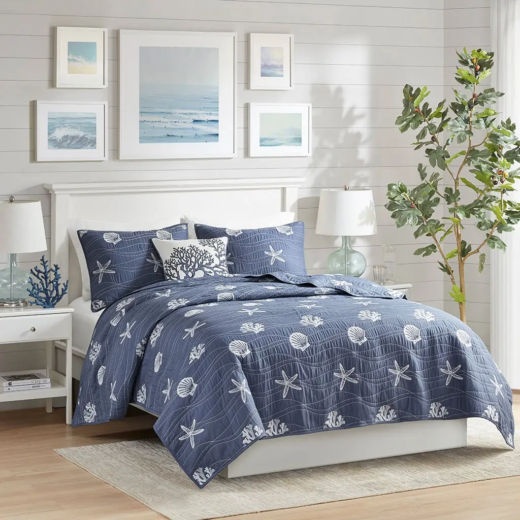 360 stand 4-Piece Seaside Cotton Reversible Embroidered Quilt Set with Throw Pillow - King/California King Size, Navy, 108x90x0.25in, Casual Vibe, Coastal Home Decor, Embroidered Motif, Nautical Theme, Quilted Bedding Set, Cotton Bedding Sets