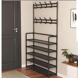 Five-Tier Independent Wardrobe Shoe Rack Combination, Heavy-Duty Metal Space-Saving Stand with 8 Hooks and Dual-Faced Shelf