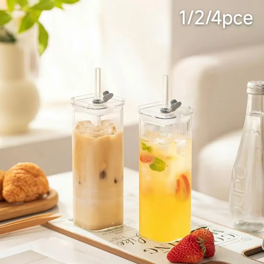 Trending 1/2/4 Pack Clear Square Stylish Glass Cups Set with Lids & Straight Straws, Large Capacity Eco-Friendly Reusable Drinkware, Ideal for Home & Office Daily Drinking, Perfect for Juice, Smoothie, Iced Coffee & All Kinds of Refreshing Beverages