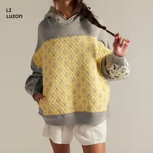 Graphic Hoodies for Women Y2k Cute Flower Patchwork Long Sleeve Pullover Hoodies Preppy Quilted Sweatshirt Streetwear