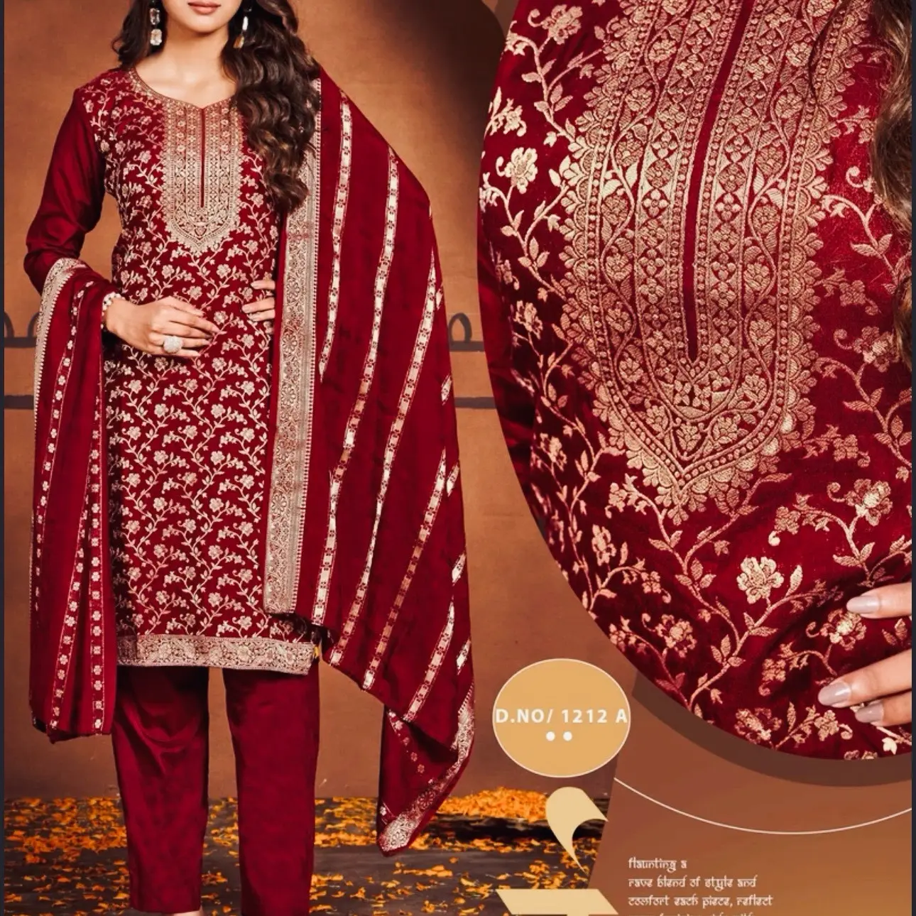Maroon and Wine Readymade 3 Piece Kurta Set for Women - Dola Viscos