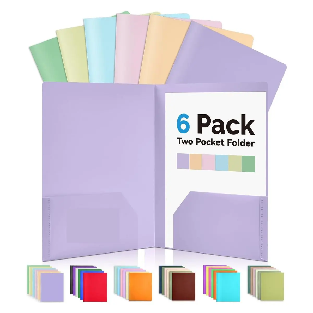 6 Pack Plastic Pocket Folders – Heavy Duty 2 Pocket File Folders in Pastel Colors | Back to School