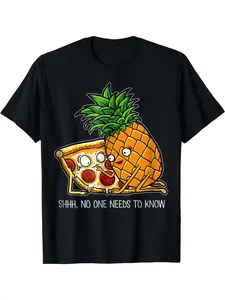 Pineapple Pizza Print T-Shirt - Casual & Sporty Suitable for All Seasons Shirt with Pizza Slice Design, Machine Washable Comfortable Fit for Daily Wear, Outdoor Activities & Father's Day Gifts (Regular Fit) - Spring Summer Fall Apparel, PLUS SIZE