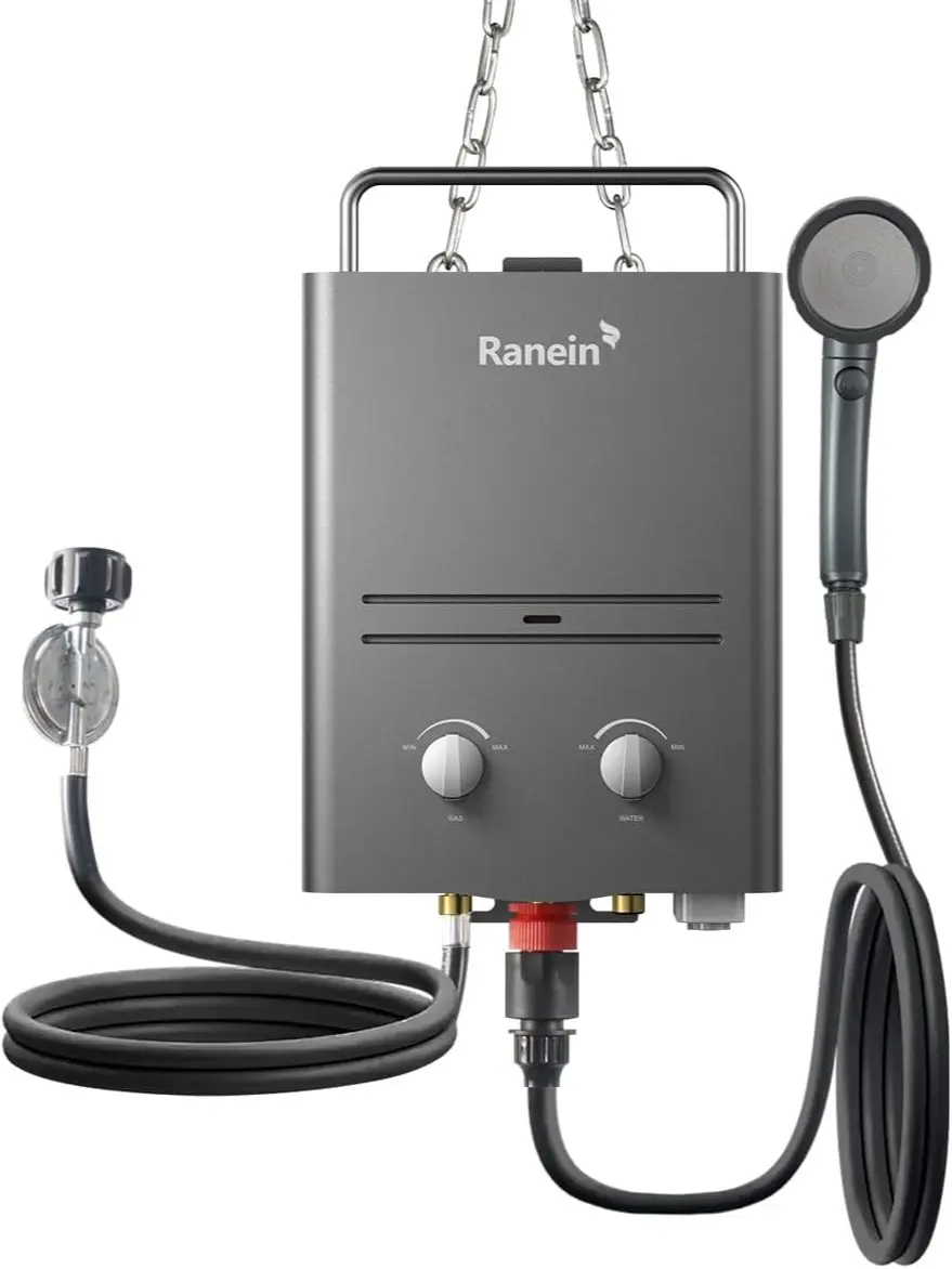 Ranein Compact Foldable Gas-Powered Instant Heat Tankless Water Heater, 6L 1.58 GPM Multi-Modes Portable Propane Unit for Outdoor Users, Grey RO4KY