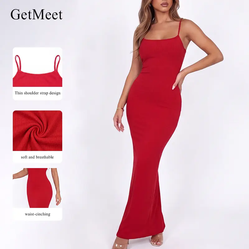 GetMeet Women's Bodycon Spaghetti Strap Maxi Dress  Summer Sexy Slip Long Dress Fishtail Hem Dresses