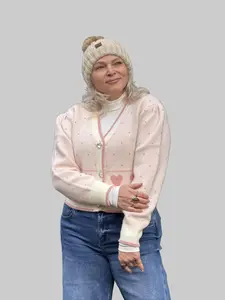 Sweetheart Cozy Cardigan for Women Soft Pink Heart Patterned Sweater with Button Front & Cuffed Sleeves Comfortable Fit Versatile for Everyday Wear