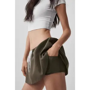 Women Elastic Drawstring Waist Tennis Skort, Soft French Terry Curved Hem Athletic Skort with Pockets & Built‑In Shorts