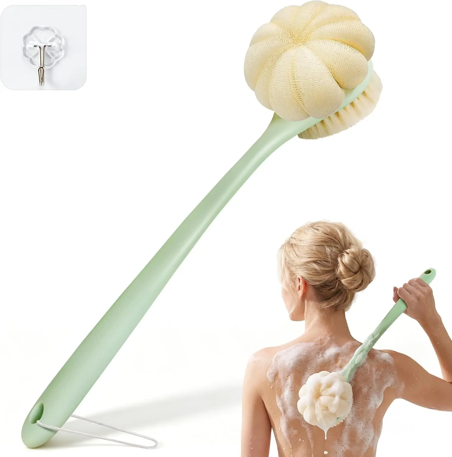 Dual-Sided Bath Brush with 15.7" Curved Long Handle, Loofah & Bristle Body Scrubber for All Skin Types, Exfoliating & Cellulite Removal, Back Area, Curved Handle, Abs, Cleansing Hard-To-Reach Areas, Detachable