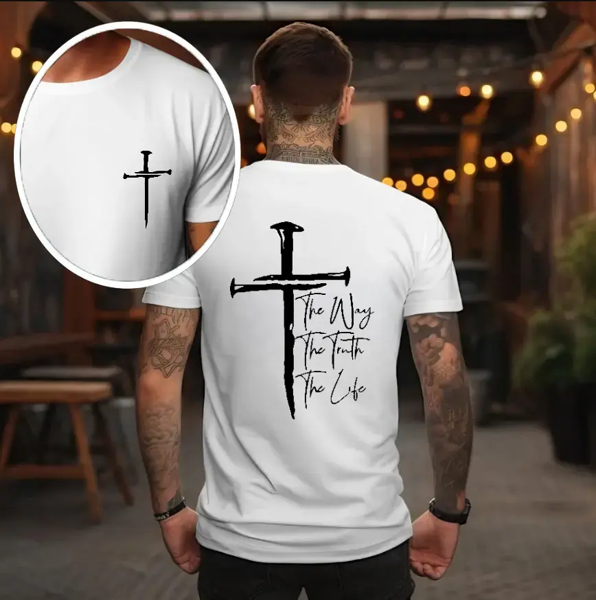 The Way, The Truth, The Life T-Shirt - Bold Cross Design with Inspirational Scripture, Relaxed Fit, Short Sleeve, Machine Washable - Menswear, Christian Apparelfect Gift Classic Cotton