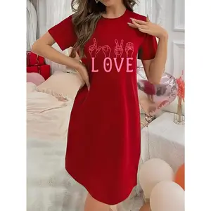 Soft Micro Stretch Women's Lingerie LOVE gesture Printed Short Sleeve Round Neck Nightgown Sexy Elegant Young Style Women's Valentine's Day Dress Mother's Day Christmas Thanksgiving New Year Gift Ideas