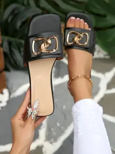 Summer High-End Square Toe Slide Metal Buckle Daily Wear Sandals, Simple Elegant One-Piece Strap Flat Slippers, Casual Summer Sandals, Ideal for Commute, Travel, Beach, Sea