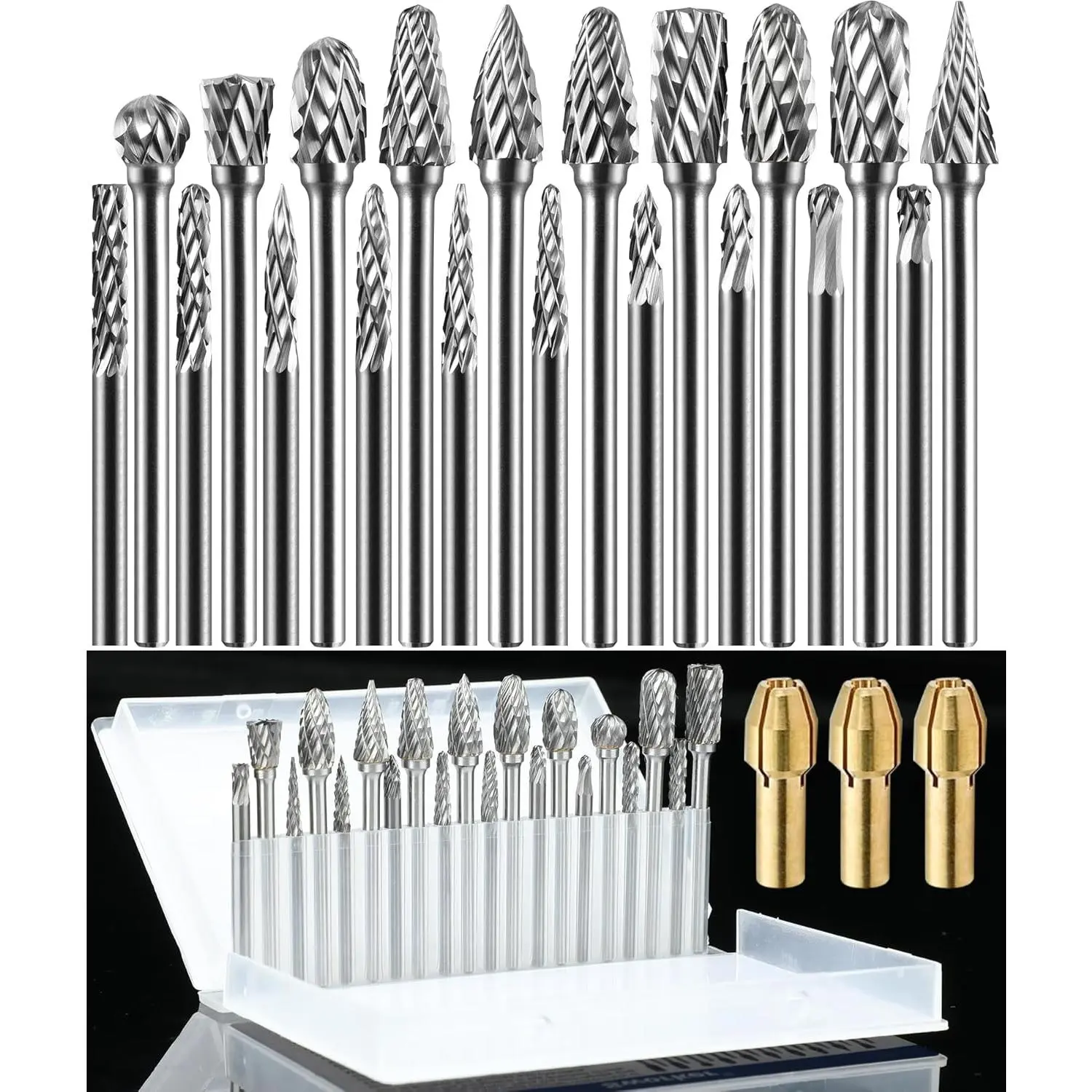 Rotary Tool Accessories Set - 3Pcs Collets, 20Pcs 1/8" Shank Carbide Burrs for Dremel/Milwaukee, Wood Grinding & Carving Kit Attachments, Cutting
