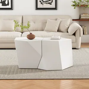 30.25*19.5*16 Inch White 2-Piece MGO Geometric Coffee Table Set, Pentagon & Hexagon Nesting Side Tables, 200LBS Load Adjustable Felt Feet Moisture Resistant No Assembly Indoor Outdoor Accent Table