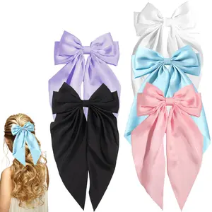 5Pcs Silky Satin Hair Bows for Women,5 Color Hair Bows Clips for Women Oversized Long Tail Hair Bows Hair Barrettes Hair Accessories Gifts Bowknot Aesthetic