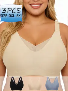 3pcs Plus Size Seamless Contrast Mesh Bralettes, Underwear, Womenswear, Adjustable Straps, Full Coverage, Casual Style, Spring Summer Wear, Daily Use