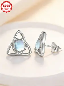 Women's Elegant Celtic Knot Moonstone Studs Earrings, Fashion Simple Triangle Shape Hypoallergenic Daily Wear Gift for Friends Birthday Holiday Valentine's Day