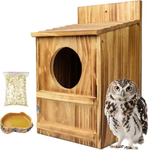Owl Houses Nesting Boxes – Screech Owl Nesting Box, Handmade Wooden Bird House Kit for Outdoors, Carbonized Shelter for Screech & Barn Owls with Water Bowl, Nesting Shavings Included, 14.5"x9"x7.5"