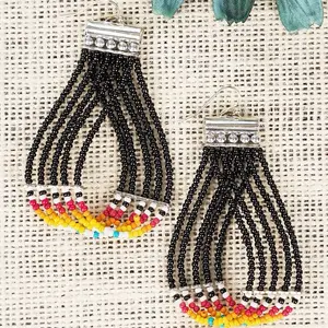 Icon Collection Fringed Earrings, Tube and Round Seed Beads, Goldtone Hardware, 8.5 inch Length, 8 inch Drop
