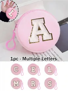 Plush Round Embroidered Initial Letters Handheld Rope Keychain Wallet Women's Id Bag Bag Key Bag Lipstick Makeup Bag Headphone Storage Bag Small And Portable Holiday Gifts For Family Friends And Classmates Birthday Gifts For Women