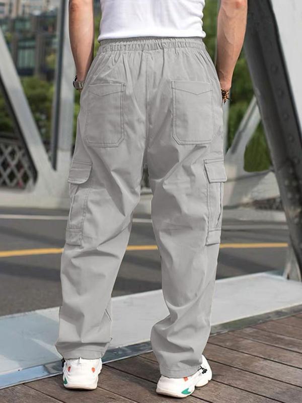 Men's Solid Color Flap Pocket Casual Slant Pocket Drawstring Waist Cargo Pants, Regular Fit Casual Street Straight Leg Trousers for Daily Wear, Men's Bottoms for All Seasons