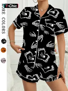 Halloween Women's Vintage Skeleton Shirt & Elastic Waist Shorts Pajama Set, Loungewear, Fitted, Party Style, All Seasons, Moderate Fabric, Multi-Color