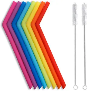 Reusable Silicone Straws, Long Flexible Silicone Drinking Straws with Cleaning Brushes for 30 oz Tumblers RTIC/Yeti - 10 Pieces - BPA-Free - No Rubber Taste