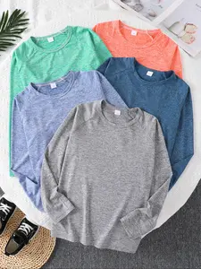Boys' Long Sleeve 5-Pack Shoulder Pad Sports Round Neck Plain Top, Loose Fit Casual T-Shirts for Spring & Fall
