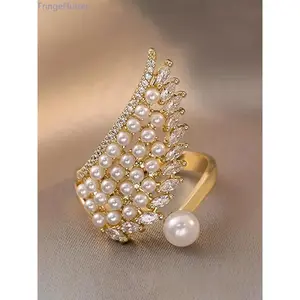 Women's Elegant Faux Pearl & Rhinestone Decorated Ring, Exquisite Trendy Ring, Fashionable Jewelry for Women As Gift, Trendy Jewellery Accessories