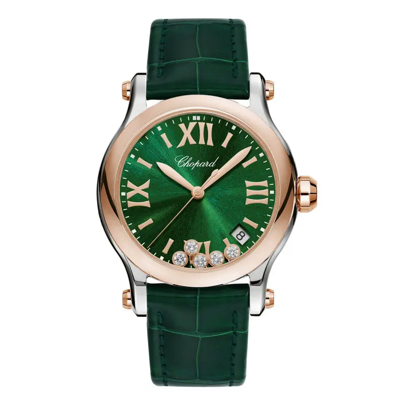Chopard Happy Sport 36mm 278582-6005 Quartz Two-Tone 18K Rose Gold and Stainless Steel Green Dial 5 Floating Diamonds Ladies Watch WHP042019