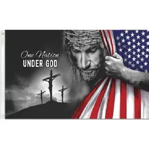 ONE NATION UNDER GOD JESUS CHRIST CROSS GOD BLESS USA FLAG BANNER GROMMETS 60X40 Colorful Decor