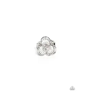 Tropical Trillium - White Flower Iridescent Rhinestone Silver Ring - Paparazzi