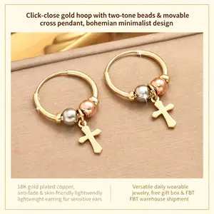 Women's 18K Gold Plated Bohemian Cross Earrings, Copper Material Fashion Hoop Style for Everyday Wear & Gift-Giving Elegant Costume Jewelry