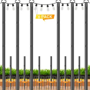 10Ft String Light Poles 6 Pack,Poles for Outdoor String Lights with Fork and Fence Clamp,Hanging Lights Metal Stand Post for Deck Patio Backyard Garden Decorations