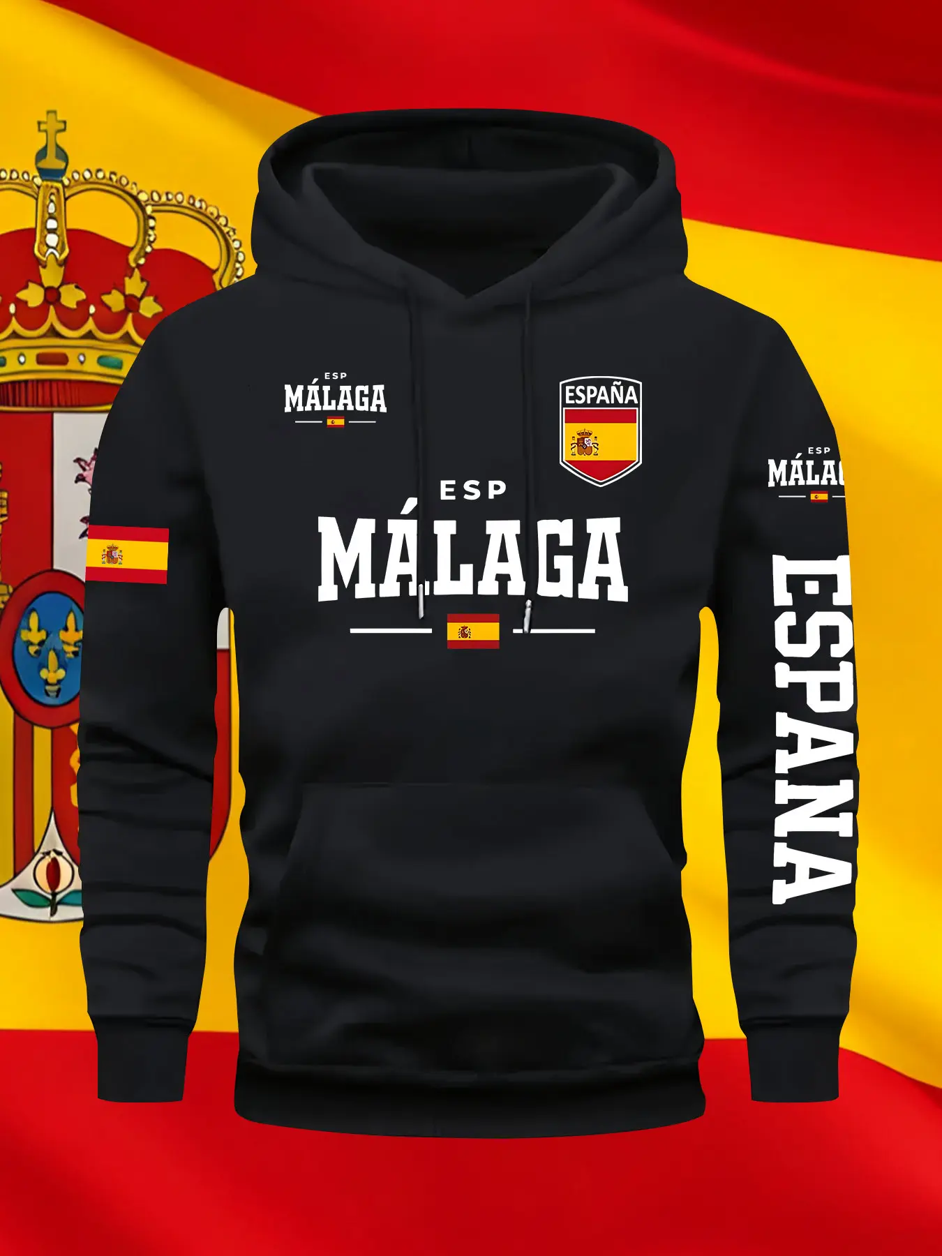 Men's Fall Winter Trendy Spain Malaga Geometric Print Hoodie, Casual Fitted Long Sleeve Hooded Sweatshirt, Drawstring Pocket Design, Fashionable Men's Hoodie