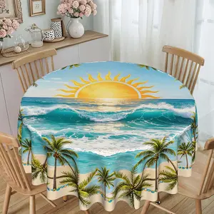 Summer Beach Wave Palm Print Round Tablecloth, Furniture Protector, Party Decor, Holiday Gift, Hotel Restaurant Home Use
