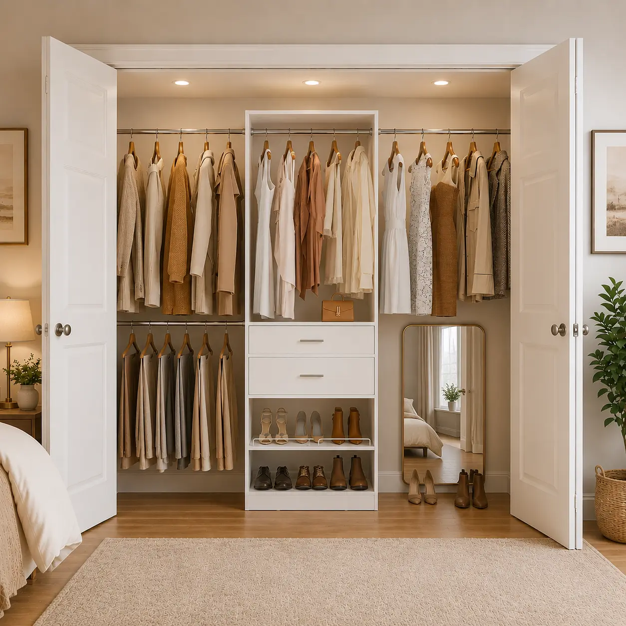 48"-96" Expandable Closet System with 2 Drawers, 1000 LBS, Reversible Heavy Duty Wood Walk-in Closet Organizer Wardrobe with Adjustable Shoe Rack
