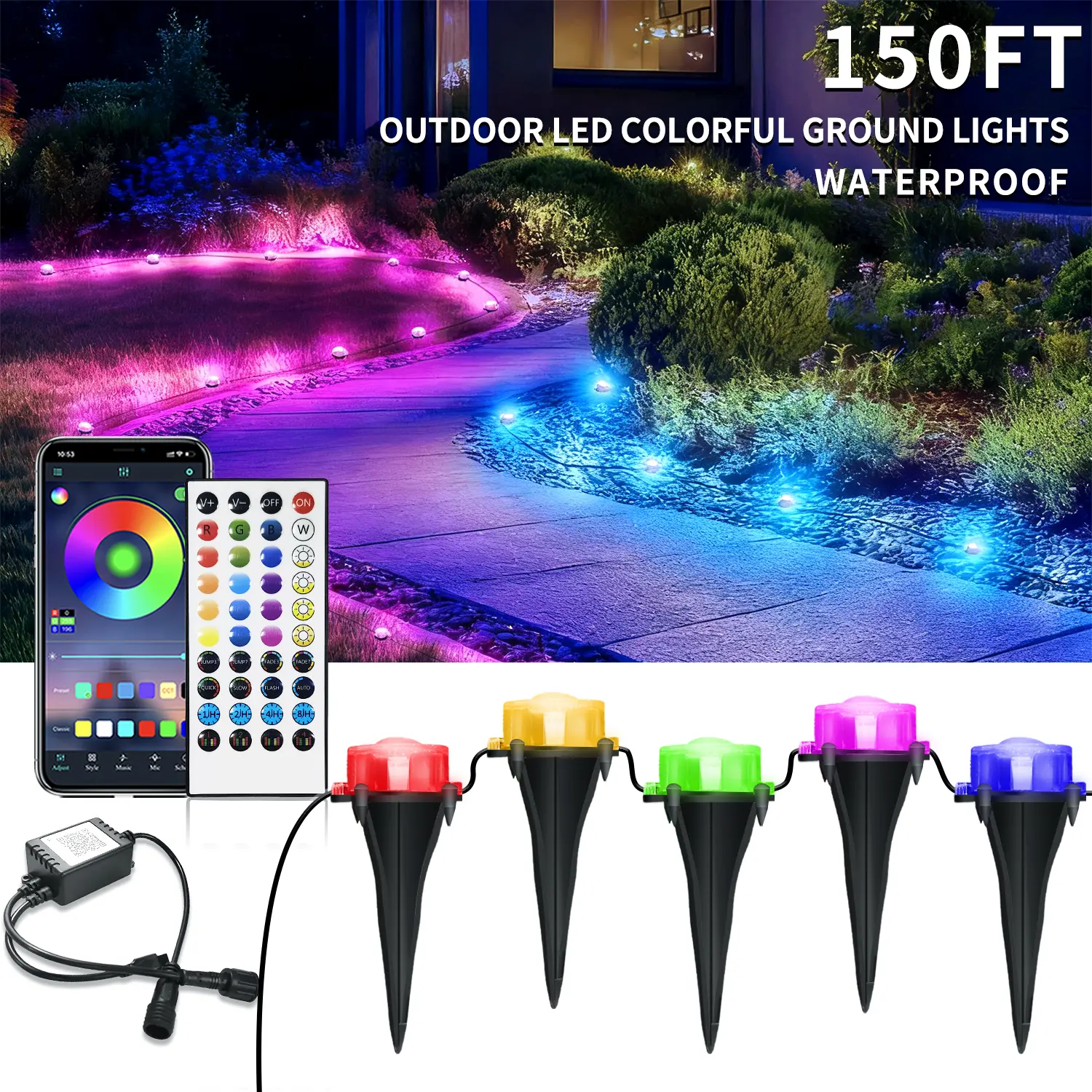 ARTBLEPRO Smart RGB Pathway Lights, 150FT IP67 Waterproof Outdoor Ground Lights with APP Remote Control, Color-Changing LED, Music Sync & Timer for Patio, Garden Decor