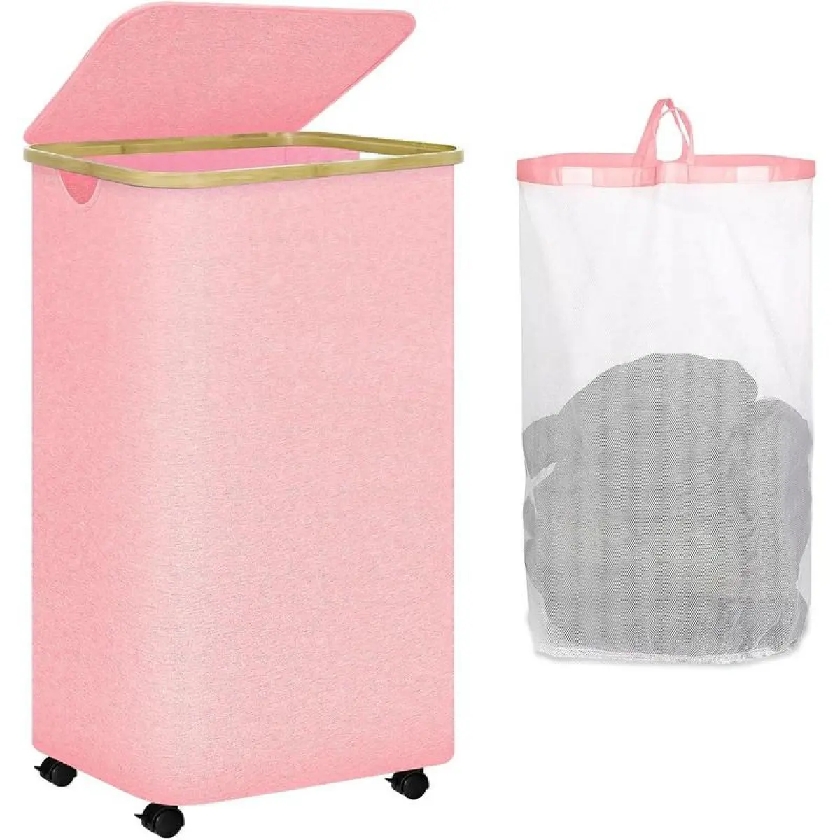 Pink Laundry Hamper with Wheels - 100L Large Laundry Hamper with Lid, Rolling Laundry Hamper on Wheels, Collapsible Laundry Hamper with Removable Mesh Bag and  Handles for Easy Carrying