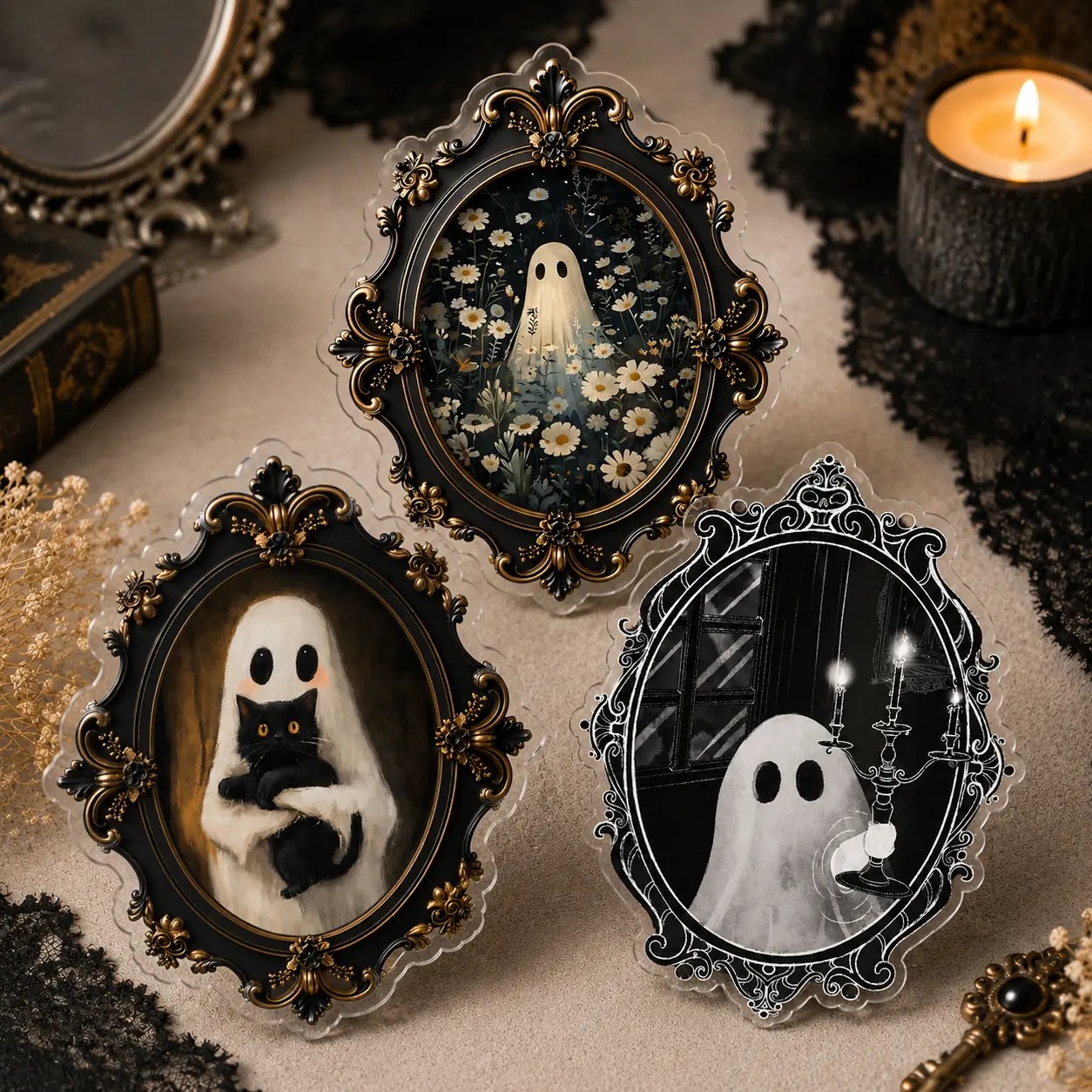Vintage Ghost Phone Grip, Gothic Halloween Acrylic Phone Holder, Cute Spooky Ghost Cat Phone Grip, Fall Horror Gift for Halloween Lovers