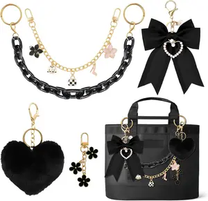 5PCS Tote Bag Charms Kit, Decorative Bow & Chain Accessories with Flower Charm and Heart Pom Pom Keychain, Compatible with YETI Camino 20/35/50 Carryall & Bogg Beach Tote Bags