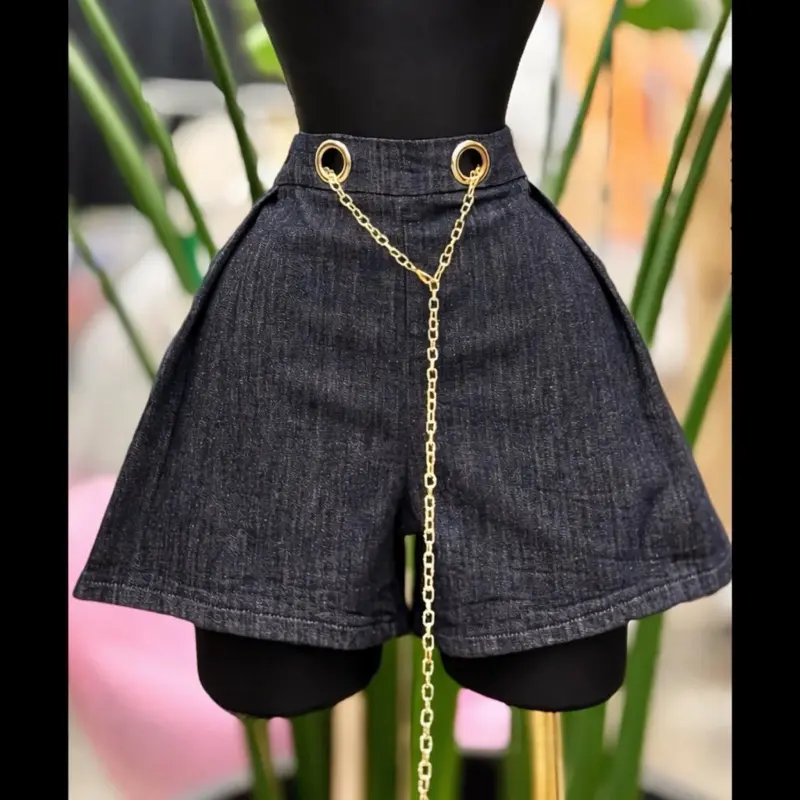 Black Denim High Waisted Shorts with Gold Chain Detail for Womenswear