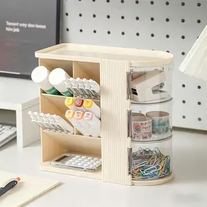 Desk Organizer with 3 Rotatable Drawer, Multi-Functional Pencil Pen Holder for Desk, Desk Organizers and Storage with 4 Slanted Compartments, Desktop Organizer for Office  Supplies