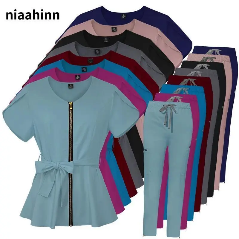 Nurses Uniform Workwear Scrubs Tops+pants Suit Solid Color Nurse Uniform Short Sleeved Pocket Blouse Pharmacy Dentistry Workwear Womenswear Clothes Comfort 42038-Light Blue Gamis Vneck