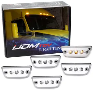 iJDMTOY 5pc Clear Lens Chrome Finish Super Bright Amber Full LED Front Cab Roof Marker Lights For Kenworth T680 T770 T880, Peterbilt 579 Semi-Truck