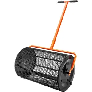 Compost Spreader, 24.4-25.6" Height Adjustable Handle, 24" Wide, Lawn and Garden Peat Moss Roller with Side Latches,  Coated Steel Mesh Basket for Spreading Manure, Topsoil, Black