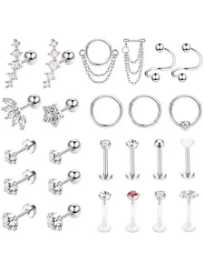 25 Pcs Silvery Versatile Cool Cartilage Piercing Jewelry Set for Women Men Hypoallergenic Surgical Steel Helix Piercing Jewelry Brilliant Forward Helix Earrings Conch Hoop Cartilage Earring Stud
