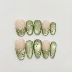 Green Cat Eye Press On Nails, Aura Flowers Almond Fake Nails, Shimmer Gel Look Nail Art, Pearl False Nails for Daily