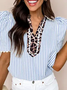 Women's Sky Blue Stripe Ricrac Trim Short Puff Sleeve Leopard Patchwork Collar V Neck Blouse - Cotton Blend, Versatile Styling, Easy Care outdoorfun